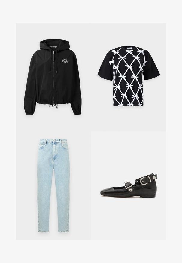 Schwarze Windjacke mit Kordelzugkapuze, elastischen Bündchen und Reißverschluss. Mit einem weißen Grafiklogo auf der Brust. Leichtes Material.; Schwarzes T-Shirt mit kurzen Ärmeln und weißen, kreuzweise gebundenen Bändern, die Schleifen bilden und ein Rautenmuster vorne und an den Ärmeln erzeugen.; Hellblaue High-Waist-Denimjeans mit vorderer Knopfleiste und Reißverschluss, vorne und hinten Taschen, vor weißem Hintergrund präsentiert.; Schwarze Lackleder-Ballerina mit eckiger Zehenpartie, Knöchelriemen mit silberner Hardware und flacher Sohle. Glatte Textur mit minimalistischen Design.