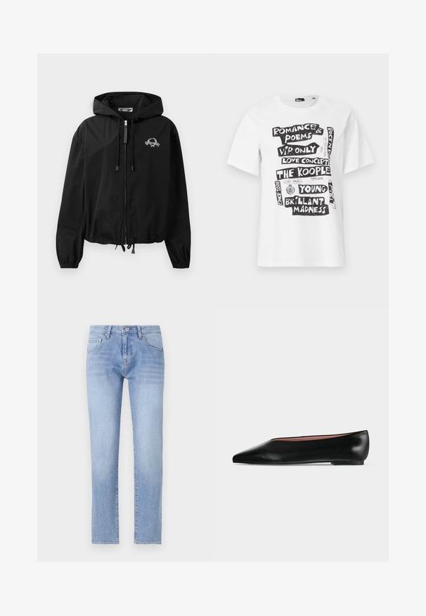 Schwarze Windjacke mit Kordelzugkapuze, elastischen Bündchen und Reißverschluss. Mit einem weißen Grafiklogo auf der Brust. Leichtes Material.; Weißes T-Shirt mit kurzen Ärmeln und schwarzen Blockschriftzügen mit den Phrasen "Romance & Poems", "Love Concert", "The Kooples" und "Brillant Madness".; Helle blaue Jeans aus Denim mit geradem Schnitt, Fünf-Taschen-Design und heller Wäsche. Verfügt über einen Knopfverschluss und standardmäßige Gürtelschlaufen.; Schwarzer flacher Damenleder-Schuh mit spitzer Kappe und niedrigem Absatz, von der Seite auf einfarbigem hellgrauem Hintergrund gezeigt.