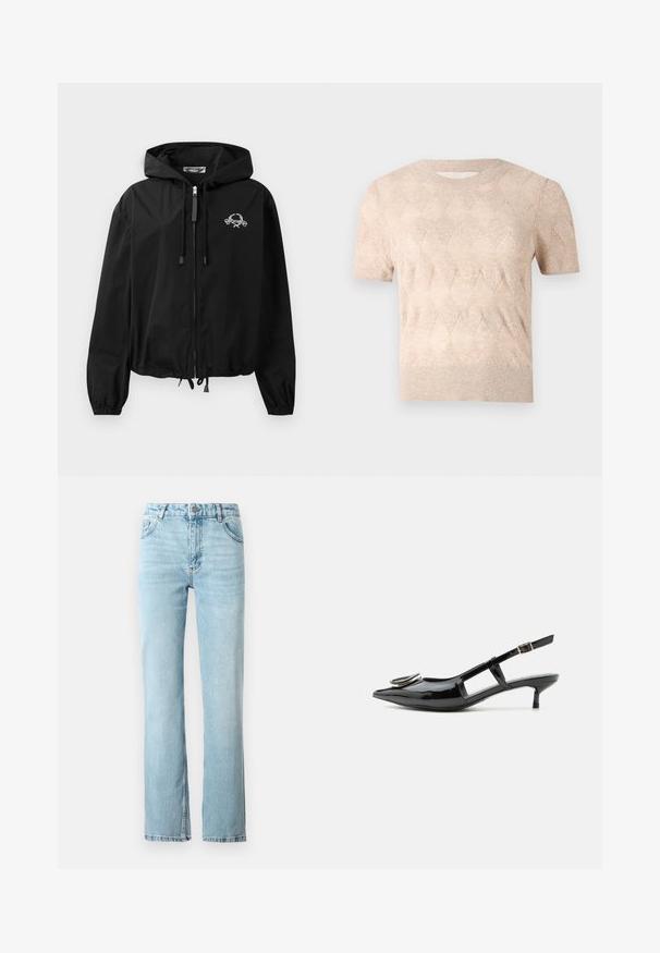Sort vindjakke med snoretræk i hætten, elastiske manchetter og lynlås lukning. Har et hvidt grafisk logo på brystet. Letvægtsmateriale.; AERON SONIA SHORT SLEEVED - T-shirts basic - hay; Lyseblå denimjeans med lige pasform, fem lommer og en lille flare ved kanten. Afsluttet med kontrastsyninger.; Sort laklæder slingback-sko med kitten-hæl, spids tå, udskårne sider, spænde rem og cirkulært metal detalje på tåen.