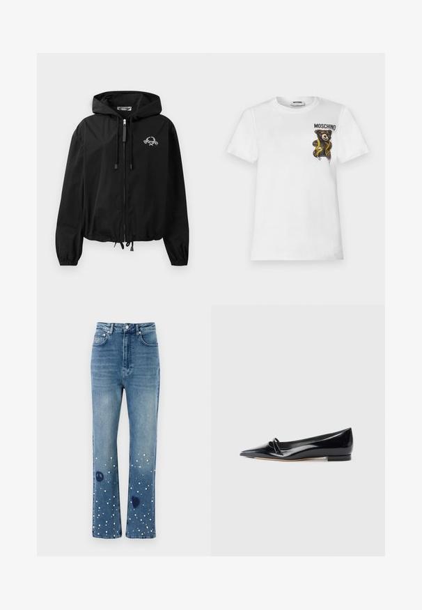 Schwarze Windjacke mit Kordelzugkapuze, elastischen Bündchen und Reißverschluss. Mit einem weißen Grafiklogo auf der Brust. Leichtes Material.; Weißes T-Shirt mit kurzen Ärmeln, auf dem ein kleiner brauner Teddybär in einem gelben Maßband eingewickelt ist, und der Schrift "MOSCHINO" auf der oberen linken Brustseite.; Blaue Jeans aus Denim mit hoher Taille, geradem Bein, verziert mit weißen Perlen sowie Frieden- und Herzsymbolen am Saum.; Schwarze Lackleder-Ballerina mit spitzem Zehenbereich, kleinem dekorativen Riemen und niedrigem Blockabsatz. Glatte Textur und elegantes Design.