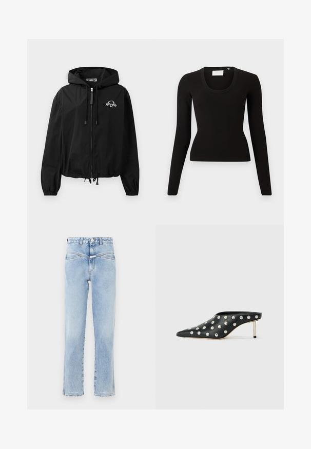 Schwarze Windjacke mit Kordelzugkapuze, elastischen Bündchen und Reißverschluss. Mit einem weißen Grafiklogo auf der Brust. Leichtes Material.; Schwarzes langärmliges Oberteil mit einem U-Boot-Ausschnitt, aus geripptem Material, mit schmaler Passform und minimalistischem Design. Keine sichtbaren Muster oder Akzente.; Hellblaue Denim-Jeans mit hoher Taille und geradem Schnitt. Verfügt über dezente Ausbleichungen, klassisches Fünf-Taschen-Design und einen Metallknopfverschluss.; STAND STUDIO KELSEY - Pantolette hoch - black
