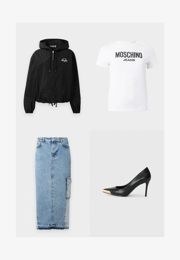 Zwarte windbreakerjas met een trekkoordcapuchon, elastische manchetten en een ritssluiting. Bevat een wit grafisch logo op de borst. Lichtgewicht materiaal.; Wit T-shirt met korte mouwen en zwarte tekst "MOSCHINO JEANS" bedrukt over de borst, tentoongesteld tegen een effen achtergrond.; Leren rok in lichtblauw, met een rechte snit, sluiting met knopen aan de voorkant, zijzakken en een opvallend contrasterend stofpaneel.; Zwarte leren hoge hak pump met een spitse neus; heeft een metallic gouden accent op de neuskap. Glad oppervlak met een stijlvolle vormgeving.