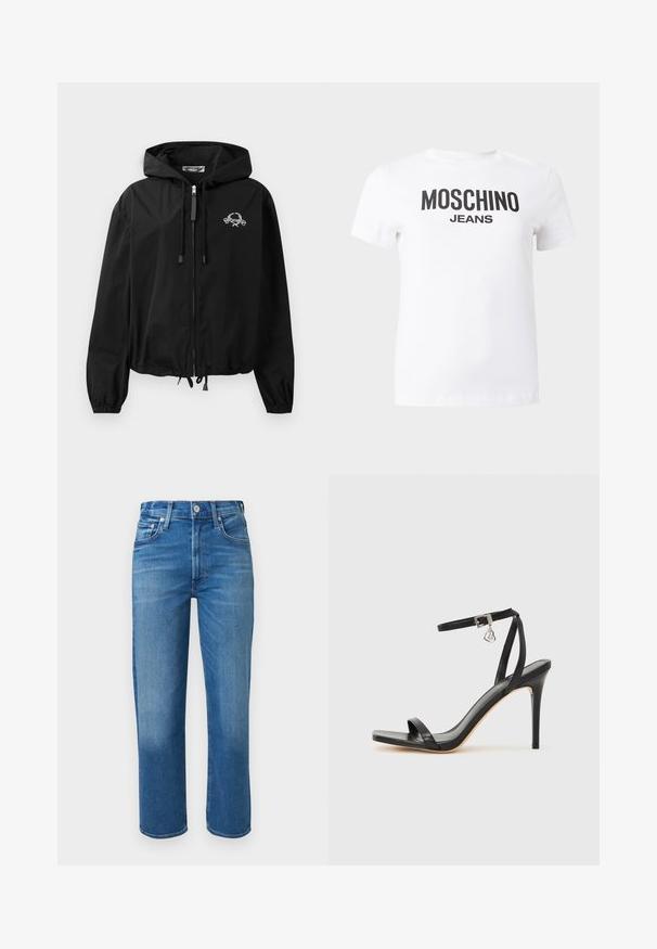 Veste coupe-vent noire avec capuche à cordon de serrage, poignets élastiques et fermeture éclair. Présente un logo graphique blanc sur la poitrine. Matériau léger.; T-shirt blanc à manches courtes avec le texte noir "MOSCHINO JEANS" imprimé sur la poitrine, présenté sur un fond uni.; Jean bleu droit avec fermeture par bouton et fermeture éclair, poches avant et poche monnaie, et légère décoloration sur les cuisses et les genoux.; Sandale à talon haut noire avec une bride étroite à la cheville, bout carré, cuir lisse et accent de boucle métallique.