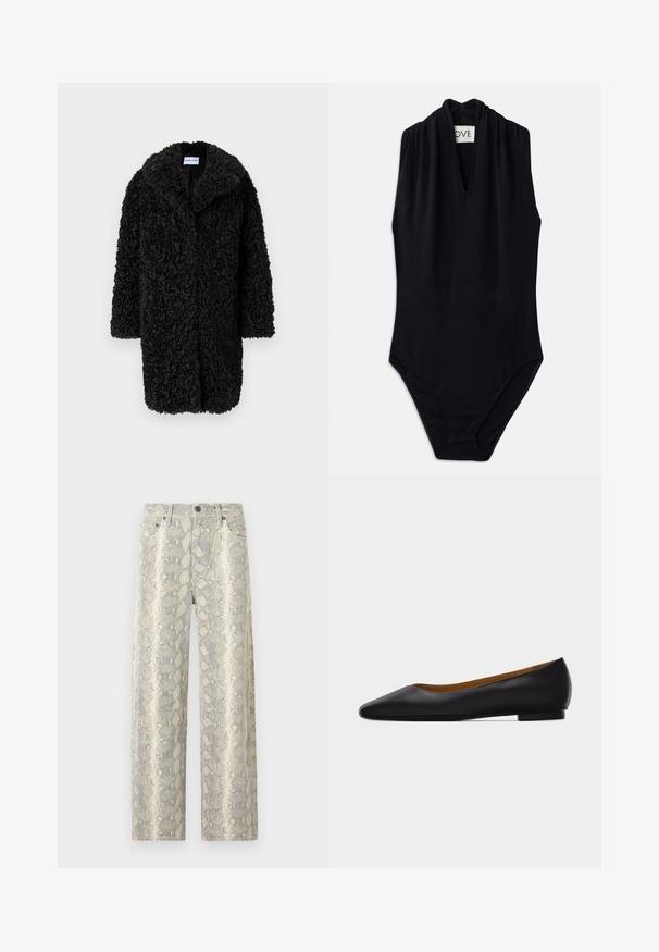 Manteau long en fausse fourrure noire texturée et bouclée, avec des revers larges et des manches longues, suspendu sur un fond blanc uni.; Bodysuit sans manches noir avec un décolleté en V profond et des détails froncés au col. Fabriqué en tissu lisse et extensible. Design minimaliste.; Pantalon taille haute, coupe droite, motif peau de serpent beige clair et gris, bouton devant, fermeture éclair et cinq poches.; Chaussure plate en cuir noir à bout pointu avec talon bas et finition lisse, vue de côté sur un fond gris clair.