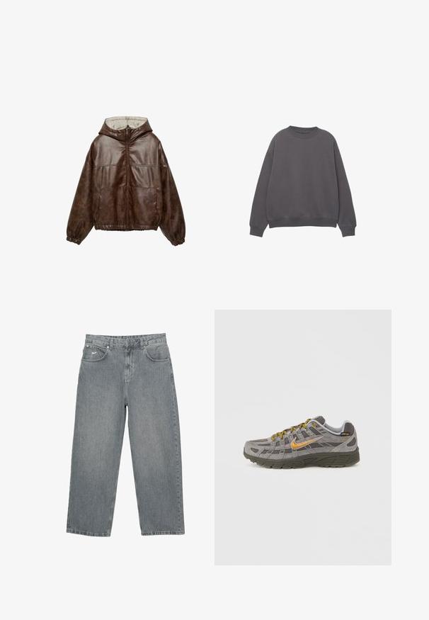 Veste à capuche en similicuir marron avec fermeture éclair frontale, poignets et ourlet élastiques, deux poches avant et doublure à carreaux à l'intérieur de la capuche.; Sweat-shirt gris foncé à manches longues et col rond, avec poignets et ourlet côtelés, présenté à plat sur fond blanc.; Pantalon en denim gris clair avec coupe droite, cinq poches et braguette à boutons. Présente un logo discret sur la ceinture avant.; Baskets en daim gris avec accents dorés, panneaux texturés et lacets assortis. Comprend une semelle coussinée et un détail de logo sur le côté.