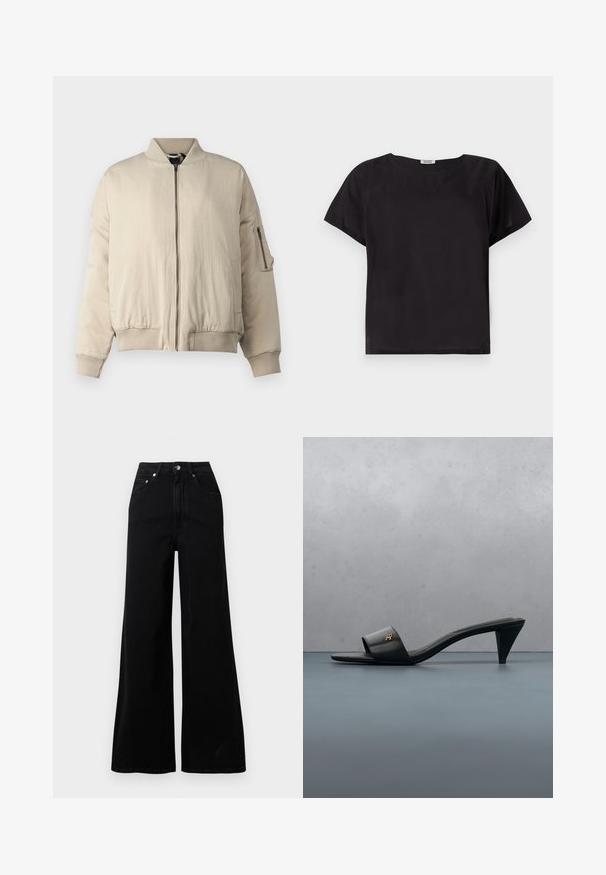 Veste bomber beige avec col et poignets côtelés, fermeture éclair frontale, poches latérales et une petite poche zippée sur la manche. Texture lisse.; Haut noir à manches courtes avec une coupe décontractée, encolure arrondie, texture lisse et design simple et minimaliste. Pas de motifs ou d'accents visibles.; Jeans larges noirs en denim, avec une taille haute, cinq poches, une fermeture à boutons sur le devant, et des détails de couture minimaux.; Sandale à talon ouverte en cuir noir avec un logo doré sur la bride, flottant au-dessus d'une surface extérieure carrelée avec de la verdure en arrière-plan.