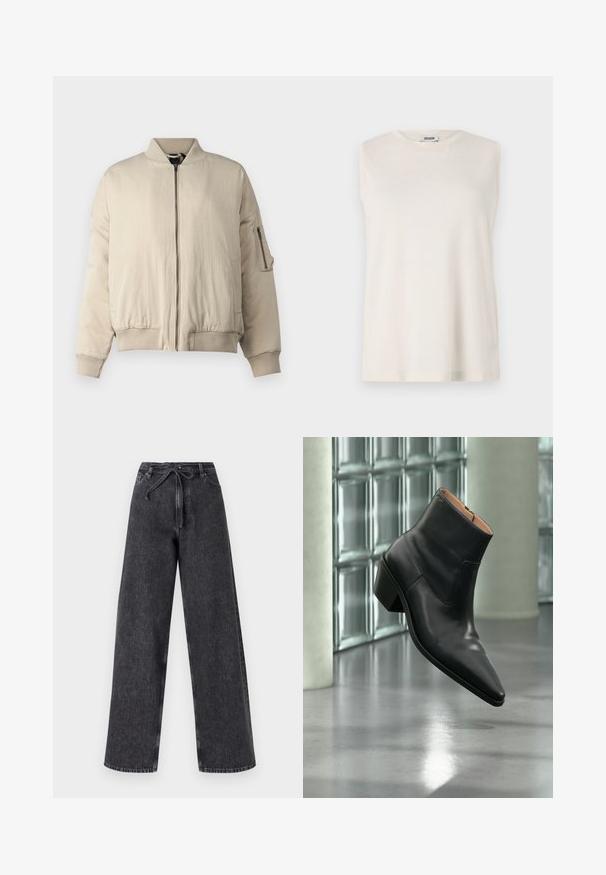 Veste bomber beige avec col et poignets côtelés, fermeture éclair frontale, poches latérales et une petite poche zippée sur la manche. Texture lisse.; Top sans manches en tissu beige clair, avec un col rond et une coupe décontractée. Texture lisse sans embellissements ni motifs.; Jean en denim noir taille haute et jambes larges avec une fermeture à cordon. Présente une texture délavée et des détails de couture subtils.; Bottine en cuir noir avec un bout pointu et un talon carré lévitant au-dessus d'un sol gris réfléchissant près d'un mur en blocs de verre.