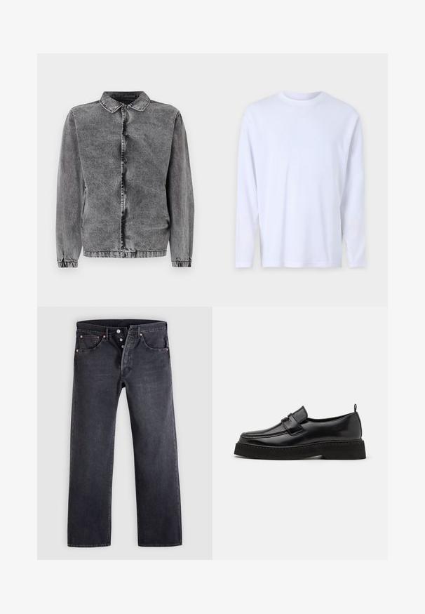 Hallhalli denim jakk, millel on kaelus, esi-nuppudega sulgemine ja elastsed varrukad. Omab kergelt kulunud tekstuuri ja klassikalist disaini.; Valge pikkade varrukatega T-särk, mis on valmistatud pehmest puuvillast, omab ümarat kaelust ning diskreetseid õmbluse detaile ees ja õlgadel.; Mustad teksapüksid sirge lõikega, viie taskuga ja vasevärviliste nööpidega. Sile tekstuur ja kerge pleekinud viimistlus.; Mustad musta nahast loafer-stiilis kingad, millel on lame, tekstuuritud tallad, tikitud varbaosa ja rihm jala keskel.