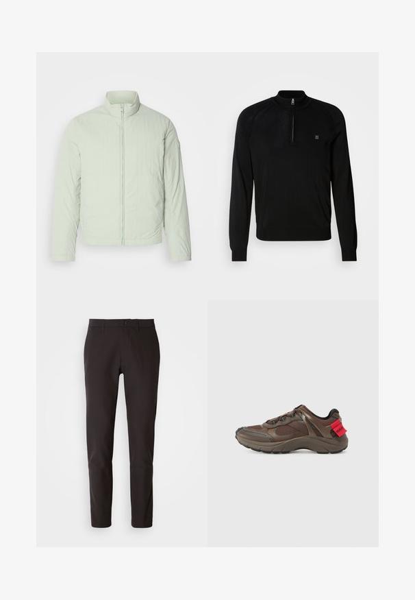 Helle mintgrüne isolierte Jacke mit hohem Kragen, Frontreißverschluss und langen Ärmeln. Strukturierter Stoff mit glatter Oberfläche und ohne sichtbare Markenbeschriftung.; Schwarzer Strickpullover mit halbem Reißverschlusskragen, gerippten Bündchen, strukturierten Schulterdetails und kleinem Logo auf der Brust.; Schwarze Hose aus glattem Stoff, mit geradem Schnitt, standardmäßigem Bund mit Knopfverschluss und ohne sichtbare Taschen oder Muster.; Braune Sportschuhe verfügen über ein strukturiertes Obermaterial, synthetische Materialien, einen gepolsterten Kragen und ein kontrastierendes rotes Etikett mit "HUGO" an der Ferse.