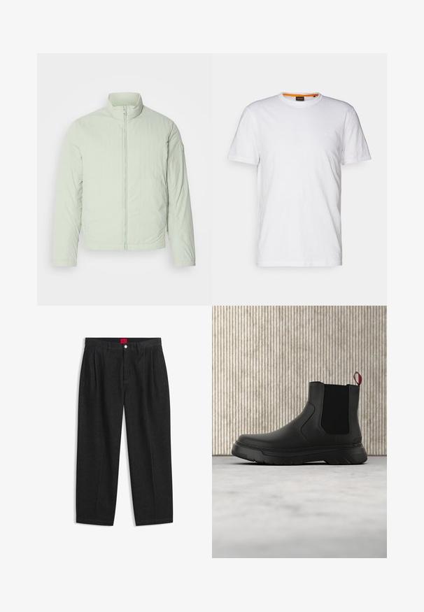 Lys mintgrøn isoleret jakke med høj krave, frontlynlås og lange ærmer. Struktureret stof med en glat overflade og uden synlig branding.; Hvid bomulds T-shirt med rund hals, korte ærmer og et subtilt præget logo på brystet. Indvendigt mærke har en orange detalje.; Sorte bukser med høj talje med forreste læg, bæltestropper, knap og lynlås lukning samt en rød label indeni linningen.; Sort ankelstøvle med en glat overflade, elastiske sidepaneler og en kontrasterende rød træksløjfe, der har en tyk gummisål og rund tå.