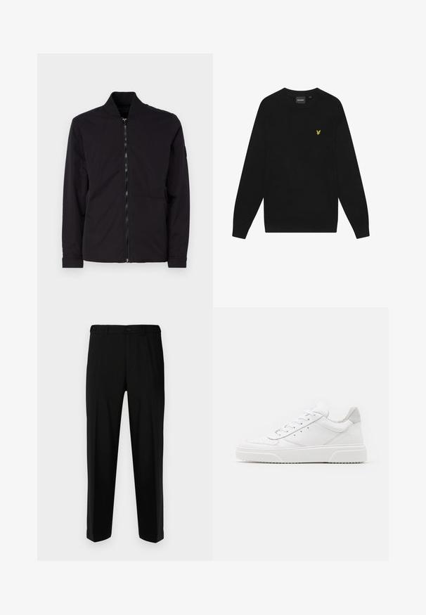 Veste noire avec fermeture éclair, col côtelé, manches longues et tissu lisse. Présente un design minimaliste sans motifs ou accents visibles.; Sweatshirt en coton noir avec des manches longues et un col rond. Présente un petit logo d'aigle jaune sur la poitrine. Texture douce.; Pantalon noir en tissu lisse, présentant une coupe droite, deux poches avant et une fermeture à glissière avec bouton.; Des baskets en cuir blanc avec une finition lisse, un bout rond, des lacets plats et une semelle texturée. Accents en daim gris au niveau du talon.