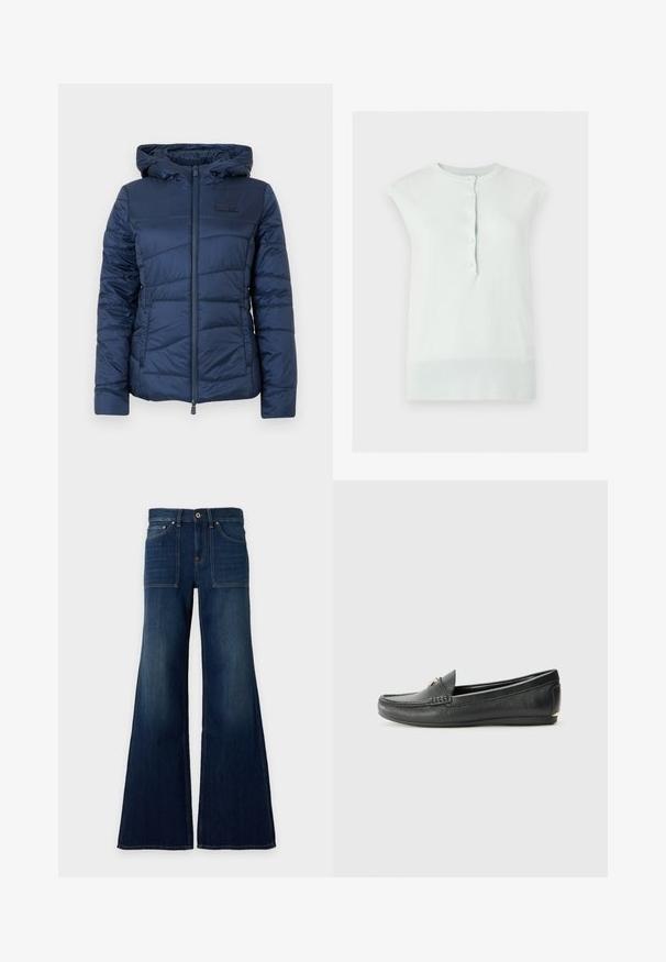 Veste matelassée bleu marine avec capuche, dotée d'une fermeture éclair à l'avant, d'un design matelassé et d'une surface texturée pour plus de chaleur et de confort.; Top blanc en maille sans manches avec col et ourlet côtelés, doté d’une patte de boutonnage avant avec cinq boutons.; Jean en denim bleu foncé à taille haute, jambes larges, poches plaquées devant et fermeture par bouton à la taille.; Mocassins en cuir noir avec une finition texturée, bout légèrement arrondi, couture décorative et un accent doré à l'avant.