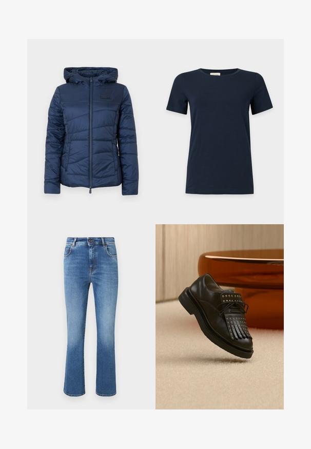 Veste matelassée bleu marine avec capuche, dotée d'une fermeture éclair à l'avant, d'un design matelassé et d'une surface texturée pour plus de chaleur et de confort.; T-shirt bleu marine uni à manches courtes avec un col rond sur fond gris clair.; Jean en denim bleu taille haute avec jambes légèrement évasées, cinq poches, fermeture par bouton et décoloration subtile sur le devant.; Chaussure en cuir noire à lacets avec franges décoratives et clous métalliques posée sur un tapis beige près d'un meuble marron.