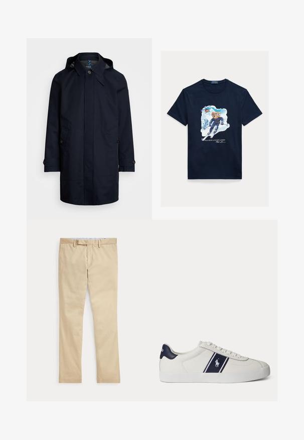 Donkerblauwe waterdichte jas met een capuchon, knoopsluiting, twee voorzakken en tabdetails op de manchetten. Gladde buitenafwerking.; Marineblauw katoenen T-shirt met een afbeelding van een beer die skiet, een skibril draagt, met een helikopter erboven en besneeuwde bergen op de achtergrond.; Beige broek met rechte pijpen, ceintuurlussen en een voorrits, plat gelegd tegen een witte achtergrond.; Witte lage sneaker met een donkerblauwe streep en logo aan de zijkant en donkerblauwe hieltab, platte witte zool en witte veters.