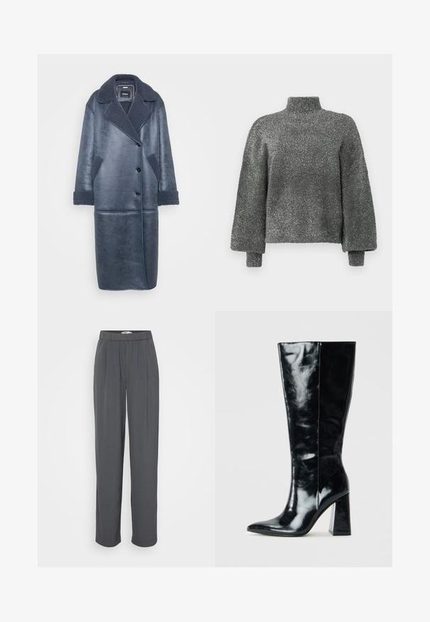 Lang, mørkeblå læderfrakke med tekstureret overflade, der har en blød krave, frontlukning med knapper og sidelommer med lammeskindsdetaljer.; Metallic grå, højhalset sweater med lange, let oversized ærmer. Tekstureret, glitrende stof med en afslappet pasform og ribbemanchetter.; Grå, plisserede viddebukser med elastisk talje, lavet af et glat stof. Har et enkelt design uden synligt hardware.; Sorte knæhøje støvler lavet af blank læder, med spidse tå og en chunky geometrisk hæl med en glat tekstur.