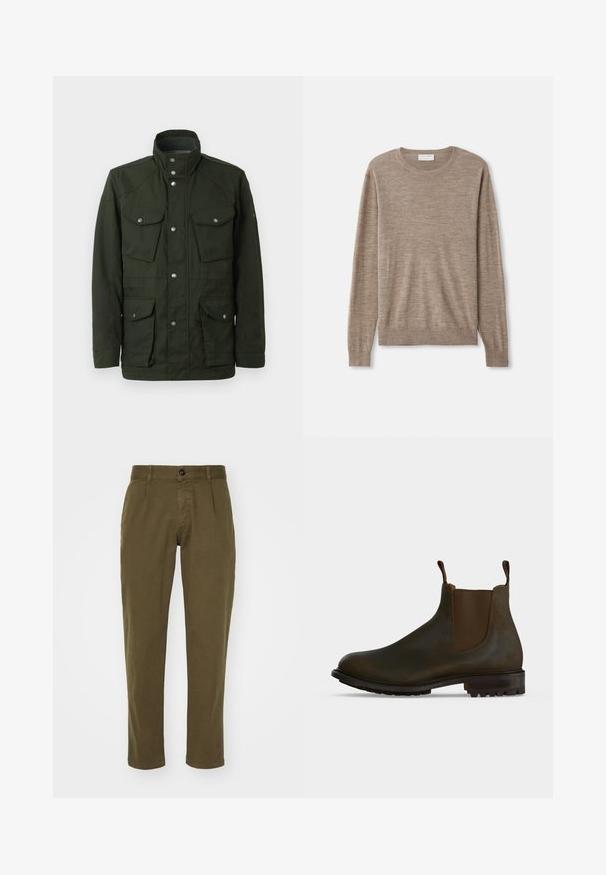 Mørkegrøn, mellemlang jakke med høj krave og sølvhardware. Har to brystlommer og to nederste sidelommer. Glat tekstur.; Beige sweater lavet af fint strikket materiale. Har en rund halsudskæring, lange ærmer samt ribkantede manchetter og søm. Simpelt og klassisk design.; Olivegrønne bomuldsbukser med lige pasform, som har en frontlukning med knap, bæltestropper og sidelommer. Glat tekstur.; Mørkebrune læder Chelsea-støvler med elastiske sidepaneler, trækflapper ved anklen og en grovmønstret gummisål.