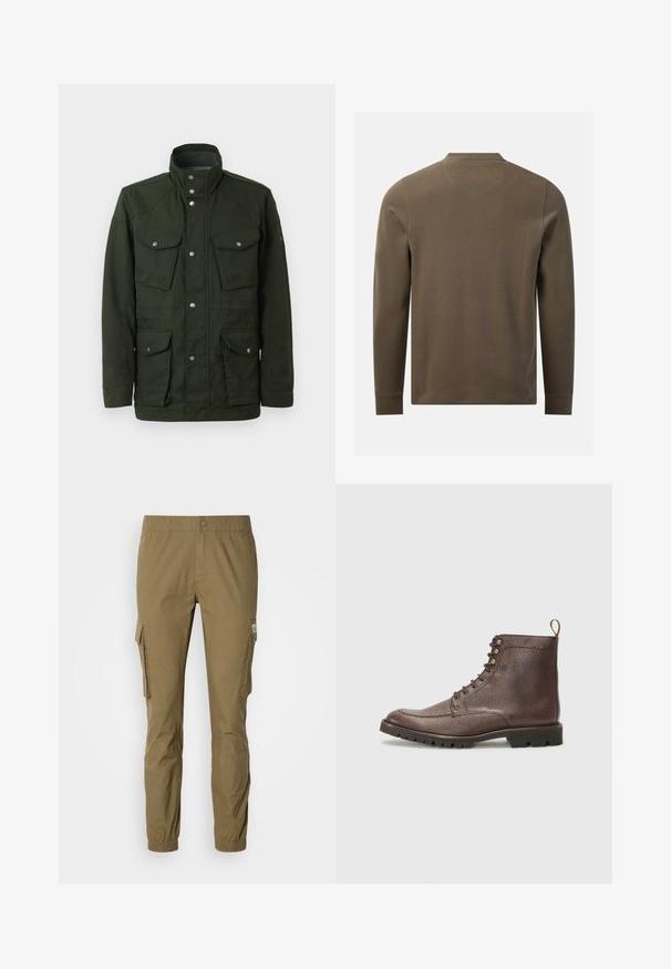 Chaqueta verde oscura de longitud media con cuello alto y herrajes plateados. Dispone de dos bolsillos en el pecho y dos bolsillos laterales inferiores. Textura suave.; Camisa texturizada de manga larga en verde oliva mostrada desde atrás con cuello redondo y puños lisos sobre fondo blanco.; Pantalones cargo en verde oliva, con una cintura elástica, bolsillos laterales y piernas ajustadas con puños elásticos. Fabricados con un tejido duradero.; Hackett London SLOANE APRON - Botines con cordones - dark mocca brown