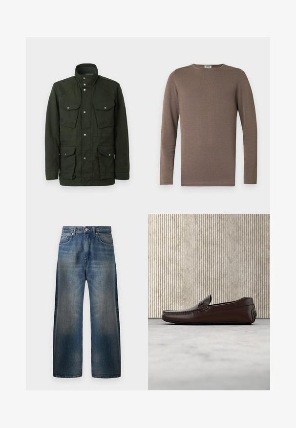 Chaqueta verde oscura de longitud media con cuello alto y herrajes plateados. Dispone de dos bolsillos en el pecho y dos bolsillos laterales inferiores. Textura suave.; Camisa de manga larga marrón hecha de tela suave, con cuello redondo y textura acanalada. Diseño simple y clásico sin adornos.; Jeans de denim azul de pierna ancha con un acabado desgastado, que cuentan con cinco bolsillos, cierre de botón y detalles de costura visibles.; Mocasines de cuero marrón con un acabado suave, costura al estilo mocasín, puntera elevada y una suela de goma baja y flexible.