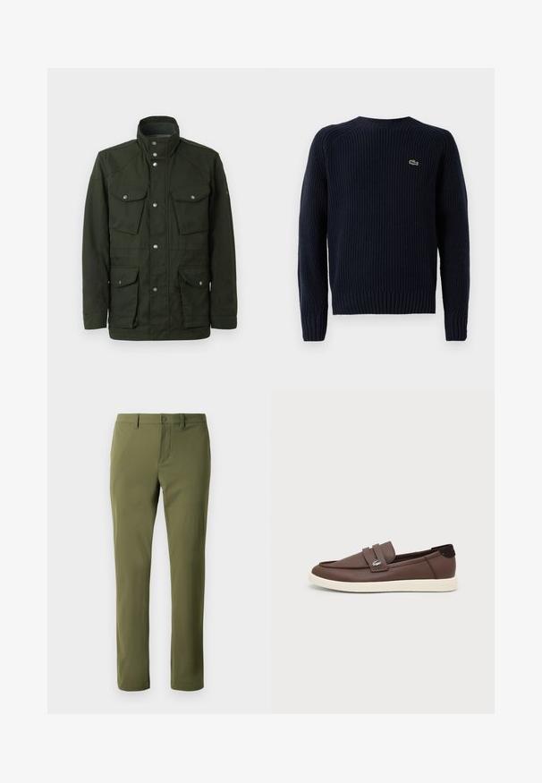 Mørkegrøn, mellemlang jakke med høj krave og sølvhardware. Har to brystlommer og to nederste sidelommer. Glat tekstur.; Mørkeblå strikket sweater med ribbet tekstur, rund hals og langærmer. Har et lille grønt logo på den øverste venstre ryg.; Olivengrønne bukser lavet af glat stof med lige snit, har en knappelukning og bæltestropper. Ingen synlige mønstre eller accenter.; Brun læderloafer med hvid gummisål, slip-on design og lille metallisk krokodillelogo på sidelænet.