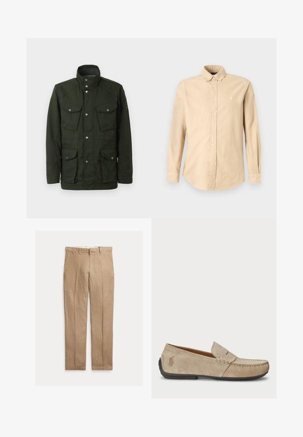 Donkergroen, middellange jas met hoge kraag en zilveren detail. Beschikt over twee borstzakken en twee lagere zijzakken. Glad textuur.; Beige overhemd met lange mouwen, knopen en kraag, met een klein wit geborduurd logo op de linkerborst.; Beige linnen broek met rechte pijpen, riemlussen, voorzakken en een verborgen voorritssluiting.; Beige suède instappers met een gestikt detail, platte rubberen zool en een klein logo aan de zijkant. Klassiek instapontwerp, zachte textuur.