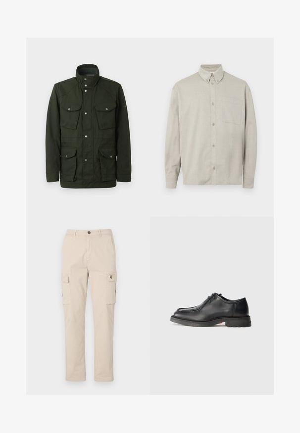 Chaqueta verde oscura de longitud media con cuello alto y herrajes plateados. Dispone de dos bolsillos en el pecho y dos bolsillos laterales inferiores. Textura suave.; Camisa de botón de manga larga en gris claro, confeccionada en una tela suave. Cuenta con un cuello abotonado, bolsillo frontal y un corte relajado.; Pantalones cargo beige de algodón, con dos bolsillos laterales, un bolsillo trasero y un pequeño logo en el lateral. Diseño de pierna recta, tela resistente.; Zapato de cuero negro con textura suave, punta redonda y costura grabada poco profunda. Suela de goma gruesa con un ligero tacón y patrón de agarre.