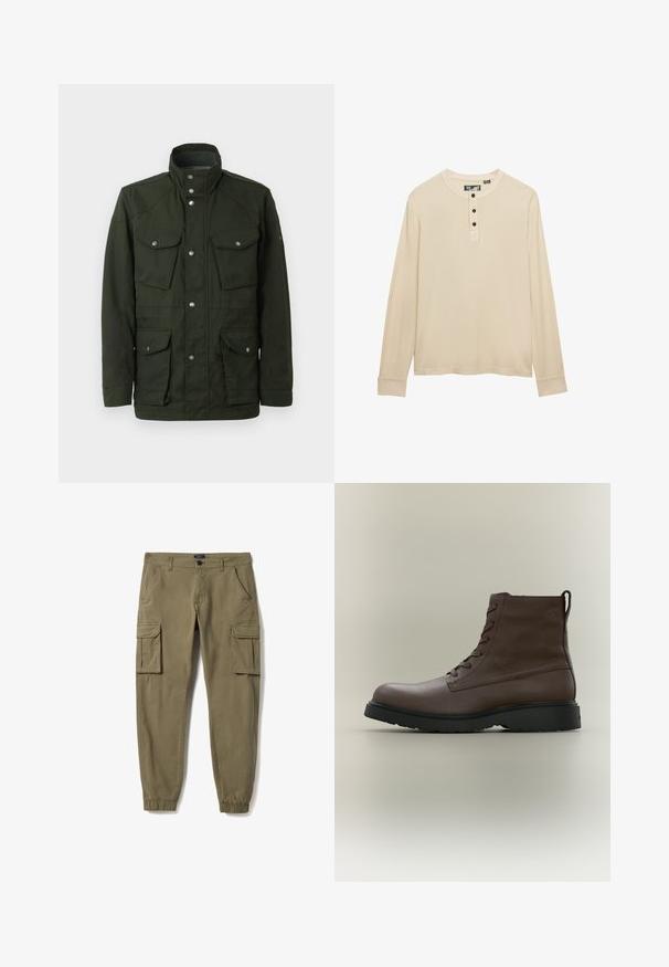 Chaqueta verde oscura de longitud media con cuello alto y herrajes plateados. Dispone de dos bolsillos en el pecho y dos bolsillos laterales inferiores. Textura suave.; Camisa henley beige de manga larga con tres botones oscuros en la tapeta y cuello redondo.; Pantalones cargo color caqui con bolsillos con solapa en ambos muslos, puños elásticos, bolsillos laterales, trabillas para cinturón y cierre frontal de botón y cremallera.; Bota marrón de piel con cordones hasta el tobillo, suela de caucho negra, punta redonda y tira para tirar en la parte trasera, mostrada de perfil sobre fondo neutro.