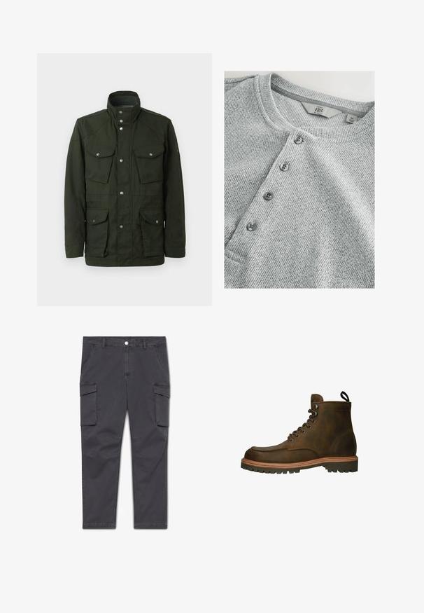 Veste mi-longue vert foncé avec un col haut et des éléments en métal argenté. Comprend deux poches poitrine et deux poches latérales inférieures. Texture lisse.; Chemise en tricot gris à manches longues avec col rond, patte de boutonnage à cinq boutons, texture côtelée et design ajusté. L'étiquette indique la taille M.; Pantalon cargo gris charbon avec deux poches à rabat à l'avant, poches latérales pour les mains, fermeture à boutons, passants pour ceinture et coutures renforcées aux genoux.; Bottine en cuir brun avec un bout arrondi, des lacets ronds, une semelle en caoutchouc et une semelle intermédiaire contrastante beige. Elle présente une boucle au talon pour un enfilage facile.