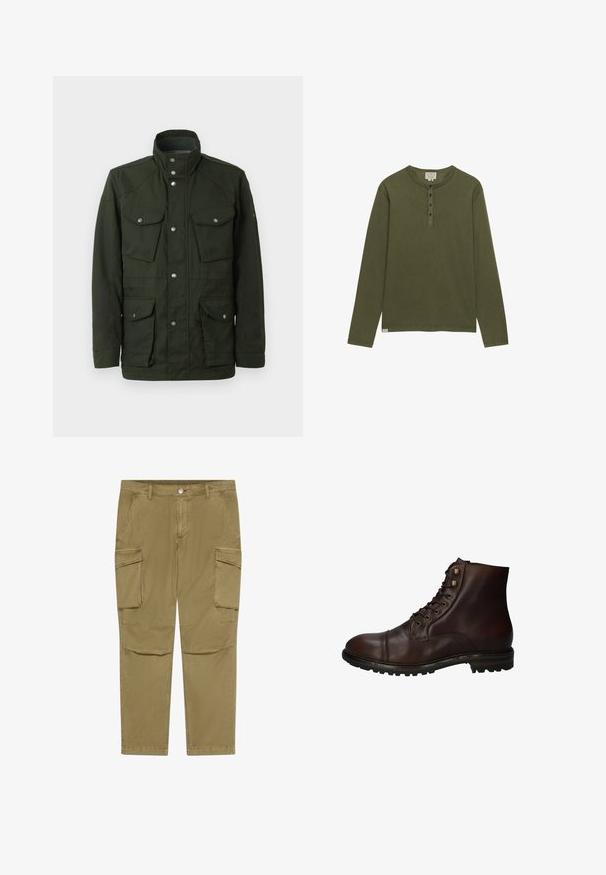 Chaqueta verde oscura de longitud media con cuello alto y herrajes plateados. Dispone de dos bolsillos en el pecho y dos bolsillos laterales inferiores. Textura suave.; Camisa henley de manga larga en verde oliva con cuatro botones negros y cuello redondo, mostrada sobre un fondo blanco.; Pantalones cargo caqui con cierre de botón y cremallera, que cuentan con bolsillos con solapa lateral y bolsillos frontales angulados.; Bota de tobillo de cuero marrón oscuro con cordones, suela de goma resistente y ojales de metal, vista desde el lado exterior.