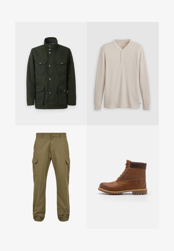 Mørkegrøn, mellemlang jakke med høj krave og sølvhardware. Har to brystlommer og to nederste sidelommer. Glat tekstur.; Langærmet henley-skjorte i lys beige ribbet stof, med V-hals, tre-knap placket og manchetter ved ærmerne. Rød logo-tags ved kanten.; Grønne cargo bukser med lige pasform, lavet af bomuld, med sidelommer og knaplukning for funktionalitet. Glat tekstur, afslappet design.; Brun læder vandrestøvle med en glat finish, polstret ankel, metalliske snørehuller og en gummisål med et robust dækmønster.