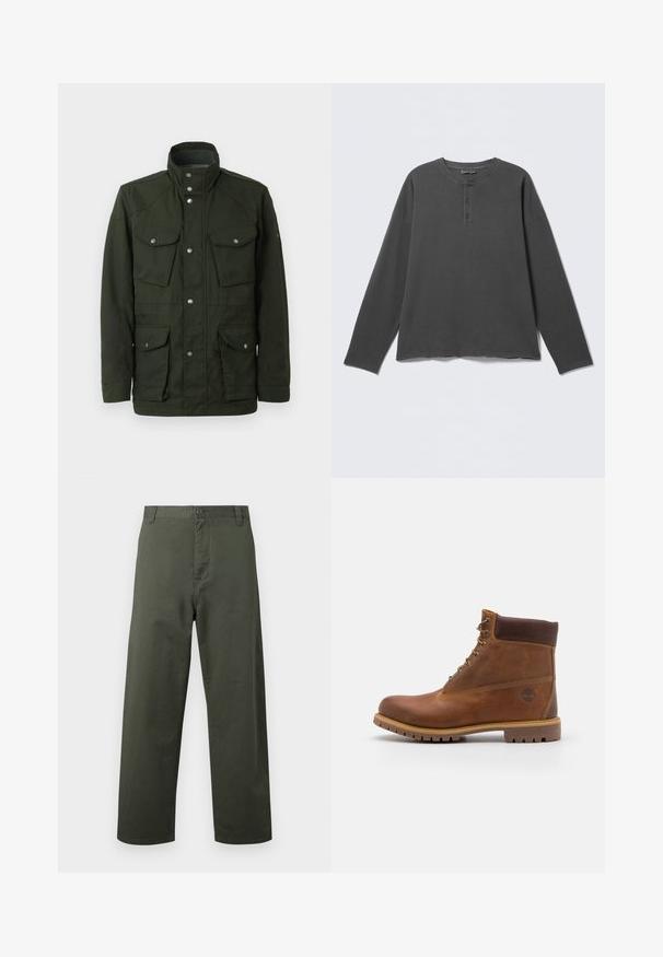 Chaqueta verde oscura de longitud media con cuello alto y herrajes plateados. Dispone de dos bolsillos en el pecho y dos bolsillos laterales inferiores. Textura suave.; Camiseta henley de manga larga en gris oscuro con escote redondo y tres botones en la tapeta frontal.; Pantalones de algodón verdes con un diseño de pierna recta, cierre frontal de botón y bolsillos laterales. Textura suave, estilo simple y sin patrones visibles.; Botas de senderismo de cuero marrón con un acabado suave, tobillo acolchado, ojales de metal y suela de goma con un patrón de tracción robusto.