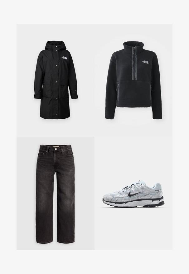 Zwarte, lange regenjas met een capuchon, twee voorzakken, drukknoopsluiting en een logo op de borst; gemaakt van weerbestendig materiaal.; Zwarte fleece trui met hoge kraag, kwart rits, borstzak en contrasterende stiksels. Voorzien van het The North Face-logo op de borst.; Levi's® BAGGY DAD - Baggy jeans - shrink up; Nike P-6000 sneakers met een lichtgrijze mesh bovenkant, zwarte accenten en een duurzame zwarte rubberen zool. Kenmerkt zich door een ingewikkeld ontwerp en vetersysteem.