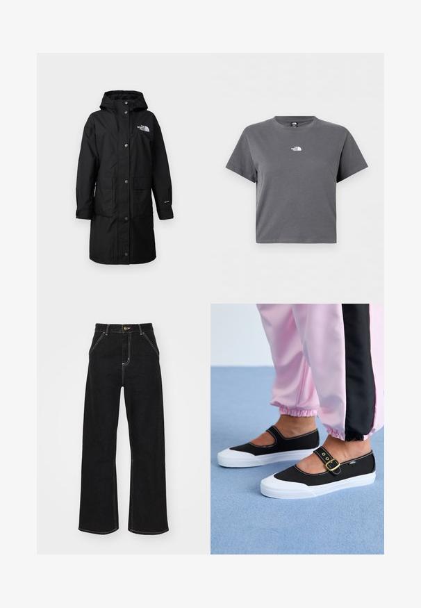 Zwarte, lange regenjas met een capuchon, twee voorzakken, drukknoopsluiting en een logo op de borst; gemaakt van weerbestendig materiaal.; Korte mouwen, grijs cropped t-shirt met ronde hals en een klein wit The North Face-logo gecentreerd op de borst.; Zwart wijde jeans gemaakt van denim. Voorzien van contrasterende witte stiksels, voorkanten zakken en een knoopsluiting in de taille.; Zwarte canvas schoenen met een witte zool, met een uitgesneden ontwerp en een gouden gespband. Draagt met roze joggingsbroek.