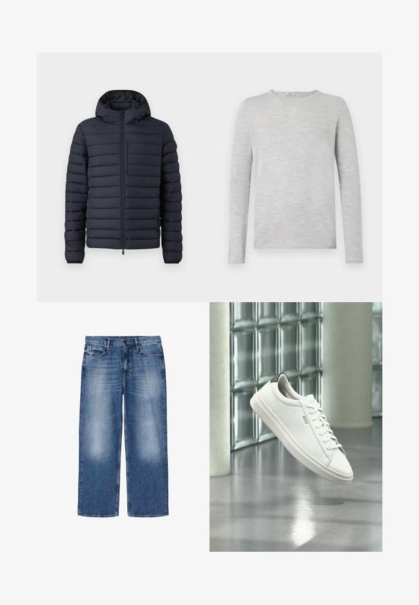 Donzen jas in donkerblauw, met horizontaal gestikte secties, een capuchon, een ritssluiting aan de voorkant en een borstzak met rits.; Grijze blouse met lange mouwen, gemaakt van zachte, gestructureerde stof met een ronde hals en rechte snit, zonder zichtbare patronen of accenten.; Blauw vervaagde rechte spijkerbroek met vijf zakken en knoopsluiting, plat liggend afgebeeld op een witte achtergrond.; Witte leren lage sneaker met veters, zwarte hielstrook en "BOSS"-logo, zwevend binnenshuis bij een glazen stenen muur en gepolijste vloer.