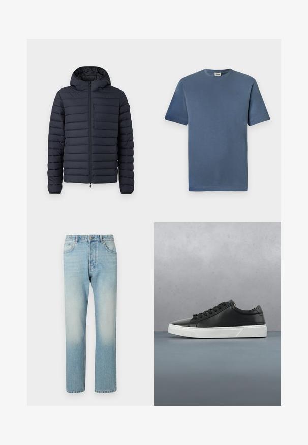 Doudoune en bleu marine foncé, dotée de sections matelassées horizontales, d'une capuche, d'une fermeture éclair à l'avant et d'une poche poitrine zippée.; T-shirt en coton bleu avec un col rond et des manches courtes. Présente une texture lisse et un ourlet droit. Pas de motifs ou graphiques visibles.; Jeans bleu clair fabriqués en denim, présentant un design à jambe droite, une structure à cinq poches et un effet délavé au niveau des cuisses.; Baskets en cuir noir avec un bout rond, surface texturée, semelle en caoutchouc blanc et lacets noirs. Design minimaliste avec un profil épuré.