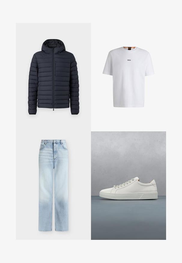 Donzen jas in donkerblauw, met horizontaal gestikte secties, een capuchon, een ritssluiting aan de voorkant en een borstzak met rits.; Witte katoenen T-shirt met korte mouwen, voorzien van een zwart "BOSS"-logo in het midden van de borst en een ronde halsontwerp.; Lichtblauwe, hoog getailleerde, rechte jeans met voorzakken, riemlussen en een knoopsluiting.; Witte leren sneaker met een ronde neus, minimalistisch ontwerp, grijze veters en een gestructureerde grijze rubberen zool. Fijne stikdetails zichtbaar.