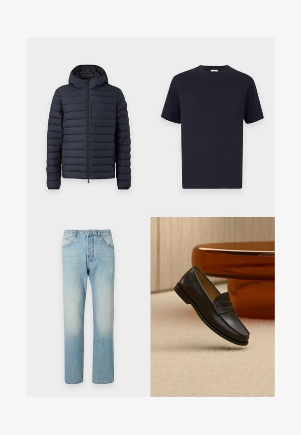 Donzen jas in donkerblauw, met horizontaal gestikte secties, een capuchon, een ritssluiting aan de voorkant en een borstzak met rits.; Navy blauwe katoenen T-shirt met een ronde hals, korte mouwen en een relaxte pasvorm; gladde textuur; geen zichtbare patronen of hardware.; Lichtblauwe jeans van denim, met een rechte pijpdesign, vijf zakken en een vervaagde was-effect op de dijen.; Zwarte leren loaferschoen zwevend boven een beige tapijt met amberkleurige moderne meubels op de achtergrond.
