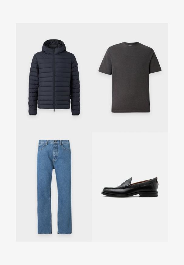 Donzen jas in donkerblauw, met horizontaal gestikte secties, een capuchon, een ritssluiting aan de voorkant en een borstzak met rits.; Grijze t-shirt met korte mouwen, gemaakt van een zachte, lichte stof, met een ronde hals en minimale naden. Geschikt voor casual gebruik.; Lichtblauwe spijkerbroek met rechte pijpen, vijf zakken, een knoopsluiting en subtiele stiksel details langs de naden.; Zwarte leren herensloffen met moc toe stiksel, pennyriem, gestructureerde kraag en lage gestapelde hak op witte achtergrond.