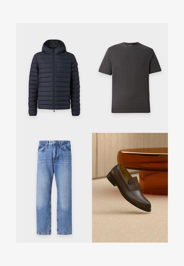 Donzen jas in donkerblauw, met horizontaal gestikte secties, een capuchon, een ritssluiting aan de voorkant en een borstzak met rits.; Grijze t-shirt met korte mouwen, gemaakt van een zachte, lichte stof, met een ronde hals en minimale naden. Geschikt voor casual gebruik.; Lichtblauwe denim jeans met een rechte pijp, vijf zakken, contraststiksels en een iets vervaagde afwerking. Knoop- en ritssluiting.; Donkerbruine leren loafer zwevend boven een beige tapijt met een gepolijste ronde houten tafel op de achtergrond.