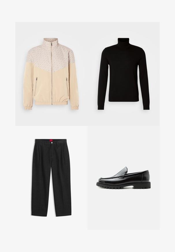 Beige vindjakke med et mønstret øverste afsnit. Har en stående krave, frontlynlås og elastiske manchetter. To sidelommer med lynlås.; Sort turtleneck sweater lavet af et fint strikket stof, der har lange ærmer og en tætsiddende silhuet. Glat tekstur med ribbede manchetter.; Sorte bukser med høj talje med forreste læg, bæltestropper, knap og lynlås lukning samt en rød label indeni linningen.; Sort læderloafer med chunky gummisål, syet overdel og præget mærkenavn på hælen, vist i sideprofil på hvid baggrund.