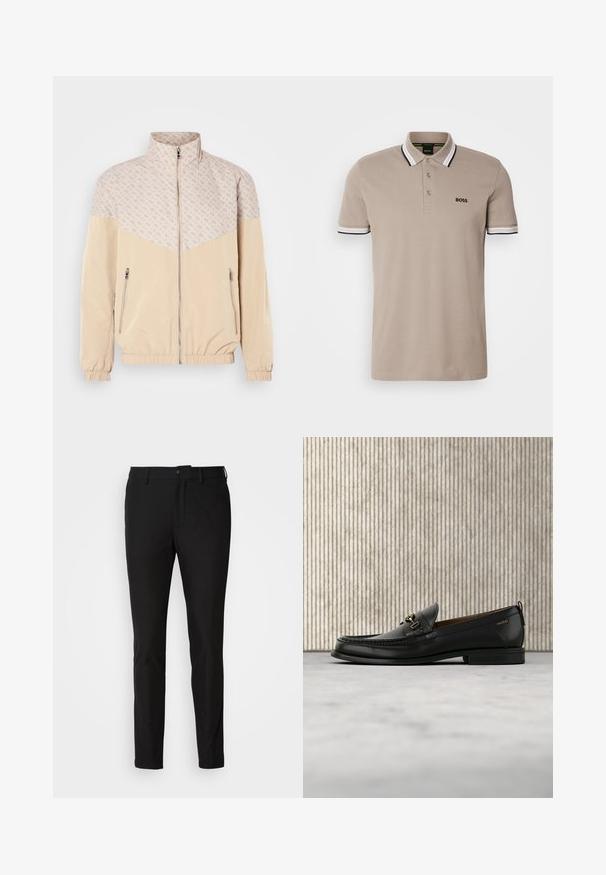 Beige Windbreaker-Jacke mit einem gemusterten oberen Teil. Mit Stehkragen, Frontreißverschluss und elastischen Bündchen. Zwei seitliche Reißverschlusstaschen.; Beiger Poloshirt mit klassischem Kragen, kurzen Ärmeln und Besatz in Schwarz und Weiß. Besticktes 'BOSS'-Logo auf der Brust.; Schwarze Hosen mit Slim-Fit, ausgestattet mit einem Knopfverschluss, einem Reißverschluss und zwei frontalen Taschen. Glattes Material mit matter Oberfläche.; Schwarzer Lederloafer mit goldfarbenem Metallbit und "HUGO"-Markenlogo, präsentiert vor einem beigen Teppich und braunen durchsichtigen Möbelstücken.