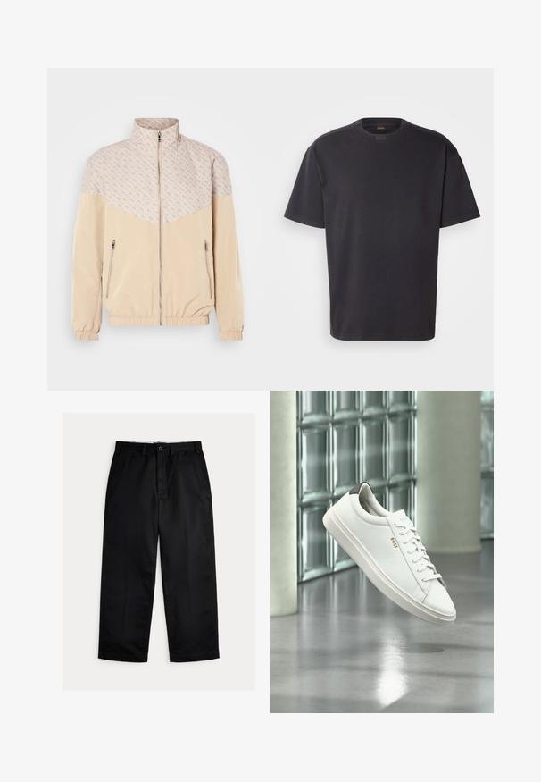 Beige vindjakke med et mønstret øverste afsnit. Har en stående krave, frontlynlås og elastiske manchetter. To sidelommer med lynlås.; Sort kortærmet T-shirt lavet af bomuld, med rund halsudskæring og subtil branding ved kraven. Glat tekstur med en afslappet pasform.; Sorte chinos med straight-leg design, der har knaplukning, bæltestropper og en glat stoftekstur. Ingen synlige mønstre eller accenter.; Hvid læder lav-top sneaker med snørebånd, sort hælflig og "BOSS"-logo, svævende indendørs nær glasblok væg og poleret gulv.
