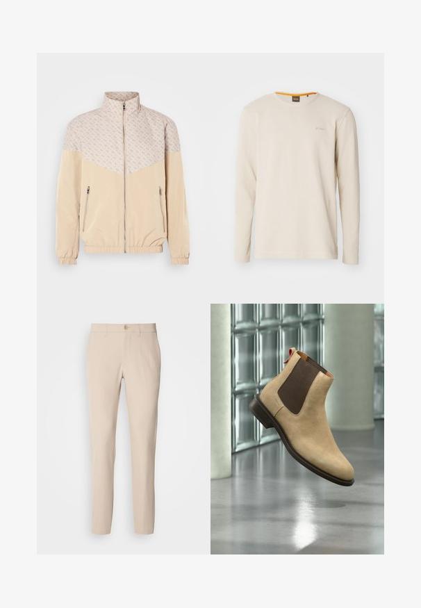 Beige Windbreaker-Jacke mit einem gemusterten oberen Teil. Mit Stehkragen, Frontreißverschluss und elastischen Bündchen. Zwei seitliche Reißverschlusstaschen.; Helles beige Langarm-T-Shirt aus strukturiertem Stoff. Mit Rundhalsausschnitt und einem kleinen Logo auf der Brust, das einen orangefarbenen Akzent im Kragen aufweist.; Beige Hose aus weichem Stoff, mit Knopfverschluss, geradem Schnitt und seitlichen Taschen. Glatte Textur mit minimalen Nähdetails.; Beiger Veloursleder-Chelsea-Stiefel mit dunkelbraunem elastischem Seiteneinsatz und Zuglasche, schwebend über einem reflektierenden, polierten Boden innen gezeigt.