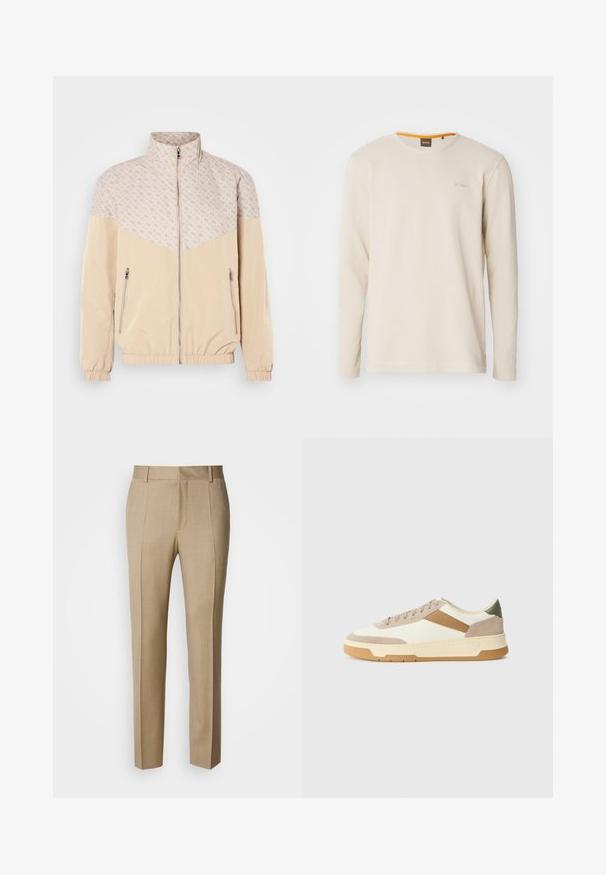 Beige windbreaker jack met een gestructureerd bovenstuk. Heeft een staande kraag, een rits aan de voorkant en elastische manchetten. Twee zijzakken met rits.; Lichtbeige langemouwen t-shirt gemaakt van gestructureerde stof. Heeft een ronde hals en een klein logo op de borst met een oranje accent binnen de kraag.; Beige op maat gemaakte broek met een gestructureerde stof, een vlak voorkant en rechte pijpen. Voorzien van zijzakken en riemlussen, voor een verzorgde uitstraling.; Sneakers in beige, crème en olijfgroen, met suede en leer, een ronde neus, een minimalistisch ontwerp en een rubberen zool.