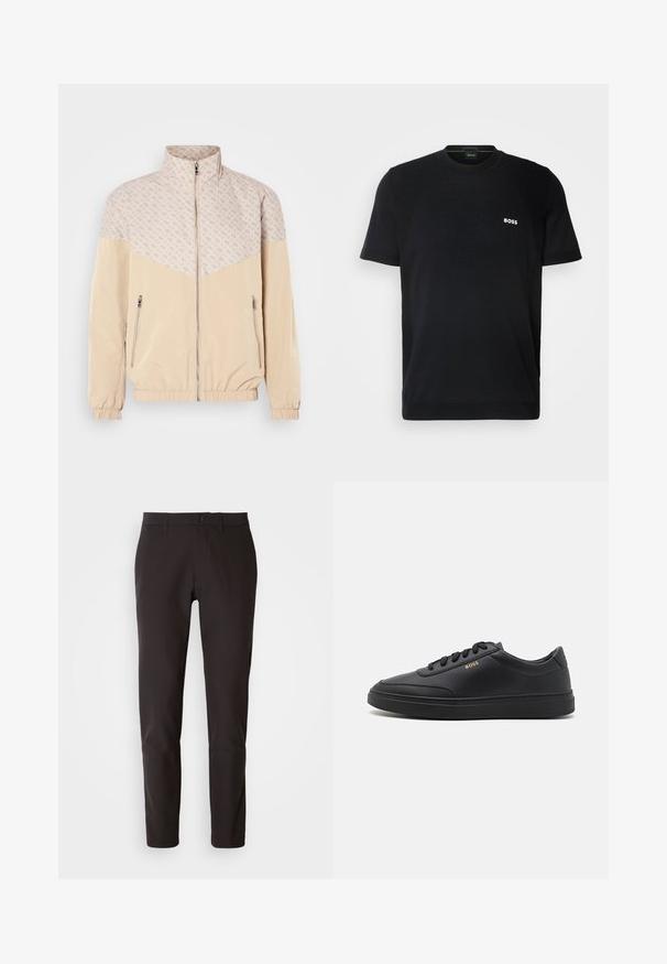Beige vindjakke med et mønstret øverste afsnit. Har en stående krave, frontlynlås og elastiske manchetter. To sidelommer med lynlås.; BOSS MOMENTUM LITE - T-shirts basic - black; Sorte bukser lavet af glat stof, med lige snit, standard linning med knaplukning og uden synlige lommer eller mønstre.; Sorte lædersneakers med en glat overflade, rund tå, flad gummisål og tonede snørebånd. Udstyret med guld "BOSS" branding på siden.