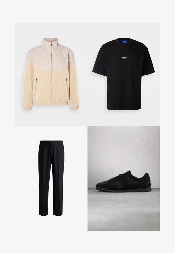 Beži windbreaker jakk, millel on mustriline ülemine osa. Omab seisvat kraed, eest luku ja elastseid mansette. Kaks külgmise lukuga taskut.; Must musta T-särk, millel on ümmargune kaelus, lühikesed varrukad ja valge ristkülikukujuline "HUGO" logo rinnal. Sile tekstuur, lõdvema istuvusega.; Mustadest siledast kangast püksid, sirge jalaga disain, voldid ees, nööbiluku ja vööloopidega.; Mustad BOSS tennissuss tekstuursete paneelide ja paeltega, riputatud läikiva betoonpõranda kohale klaasplokkide ja valge sambaga lähedal.