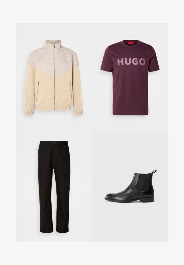 Beige windbreaker jack met een gestructureerd bovenstuk. Heeft een staande kraag, een rits aan de voorkant en elastische manchetten. Twee zijzakken met rits.; Bordeaux katoenen T-shirt met een groot, lichter gekleurd "HUGO" logo op de voorkant; ronde halslijn en korte mouwen.; Zwarte katoenen broek met een rechte snit, riemlussen, een ritssluiting aan de voorkant en een enkele knoopsluiting. Soepele textuur zonder zichtbare patronen.; Zwarte leren enkelboot met elastische zijpanelen, ronde neus en een trekhaak. Gladde textuur, platte zool, minimalistisch ontwerp.
