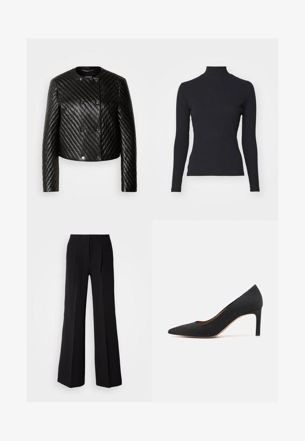 Chaqueta de cuero acolchada negra con cuello redondo, mangas largas y cierres a presión, con patrones de costura en diagonal y un diseño corto.; Top negro de cuello alto con costillas y mangas largas. Fabricado con una tela elástica con forma ajustada y cuello alto. Diseño simple sin adornos.; Pantalones negros de tejido suave, con cintura alta, silueta de pierna ancha y dos pliegues frontales para añadir detalle de diseño.; Zapato de tacón alto negro con puntera afilada, superficie texturizada, tacón delgado de 3 pulgadas y un forro interior suave, diseñado con una silueta clásica.