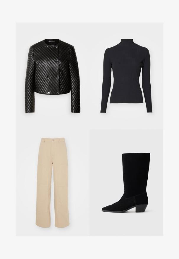 Sort quiltet læderjakke med rund hals, lange ærmer og trykknapper, med diagonale syninger og en kort design.; Sort ribbet turtle-sweater med lange ærmer. Lavet af strækbart stof med en tætsiddende pasform og høj krave. Enkel design uden udsmykninger.; Beige brede bukser lavet af bomuld. Har to store frontlommer og en metalknaplukning i taljen. Glat tekstur.; Sort ruskind ankelstøvle med spidse tæer, mellemhøj skaft og en chunky hæl. Fuldender et minimalistisk design med lidt syninger og en glat tekstur.