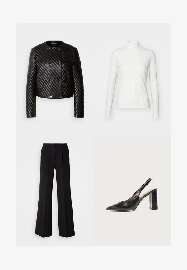 Schwarze gesteppte Lederjacke mit Rundhalsausschnitt, langen Ärmeln und Druckknöpfen, diagonal verlaufenden Nähten und einer verkürzten Passform.; Weißes geripptes Turtleneck-Oberteil mit langen Ärmeln, aus elastischem Stoff. Verfügt über ein enganliegendes Design und einen hohen Kragen für zusätzlichen Schutz.; Schwarze Hose aus glattem Stoff, mit hohem Bund, weitem Schnitt und zwei vorderen Falten für zusätzlichen Designakzent.; Schwarzer Leder-Slingback-Schuh mit spitzer Kappe, hohem Blockabsatz und beigegefüttertem Innenraum vor hellem, einfarbigem Hintergrund.