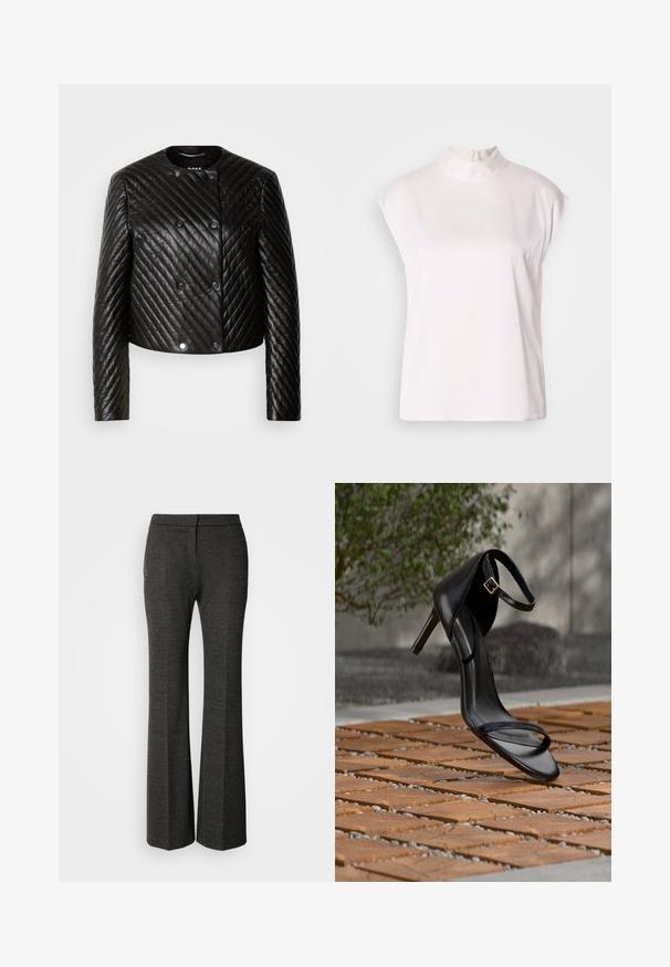 Chaqueta de cuero acolchada negra con cuello redondo, mangas largas y cierres a presión, con patrones de costura en diagonal y un diseño corto.; Blusa blanca sin mangas con un cuello alto y cremallera en la espalda, fabricada con una tela suave y lisa y un corte holgado. Sin patrones ni adornos.; Pantalones acampanados grises fabricados en tela texturizada. Presentan una parte delantera plana, una silueta entallada y un sutil patrón de espiga en toda su extensión.; Sandalia negra de tacón alto con correa en el tobillo, parece suspendida sobre un suelo de baldosas de madera al aire libre, con un fondo difuminado de vegetación y piedra.